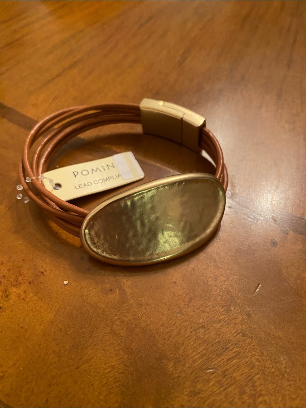 Pomina Gold Oval Leather Multi-Strand Bracelet in Brown